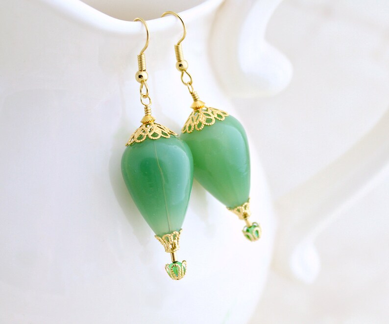 Jade Green & Gold Hot Air Balloon Earrings blown glass beads with gold filigree baskets and bead caps image 1