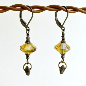Black and Yellow earrings with spinning gears Gunmetal Steampunk earrings with misted yellow rivoli beads image 2