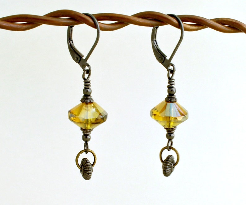 Black and Yellow earrings with spinning gears Gunmetal Steampunk earrings with misted yellow rivoli beads image 2