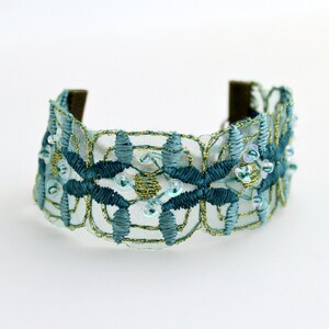 Blue Green Ribbon Bracelet with brass key and touches of sparkle Sea Green Trim Bracelet image 3