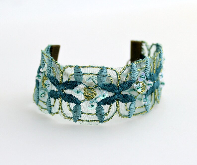 Blue Green Ribbon Bracelet With Brass Key and Touches of Sparkle Sea Green Trim Bracelet Etsy