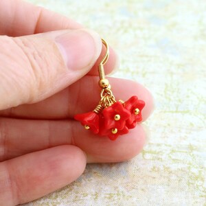 Bright Red Flower Earrings with gold wire wrapping czech glass beads Valentine jewelry image 4