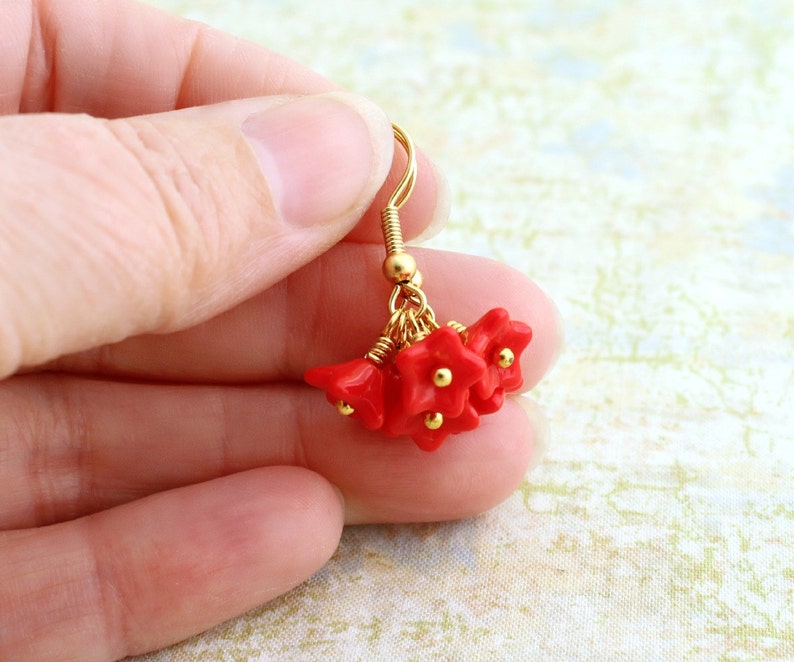 Bright Red Flower Earrings with gold wire wrapping czech glass beads Valentine jewelry image 4