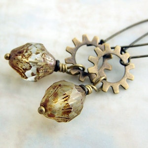 Brass Steampunk Earrings with Turbine Picasso Czech glass beads and brass gears - Steam Punk Jewelry - steampunk gear earrings