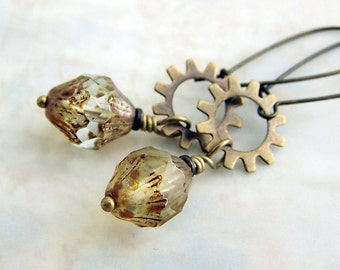 Brass Steampunk Earrings with Turbine Picasso Czech glass beads and brass gears - Steam Punk Jewelry - steampunk gear earrings