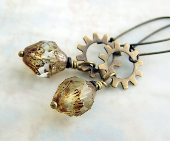 Brass Steampunk Earrings with Turbine Picasso Czech glass beads and brass gears - Steam Punk Jewelry - steampunk gear earrings