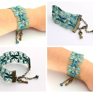 Blue Green Ribbon Bracelet with brass key and touches of sparkle Sea Green Trim Bracelet image 5