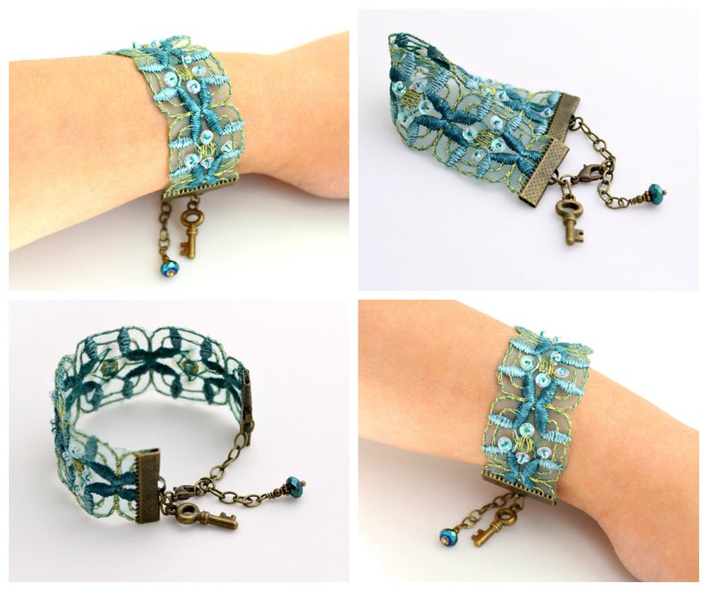 Blue Green Ribbon Bracelet with brass key and touches of sparkle Sea Green Trim Bracelet image 5