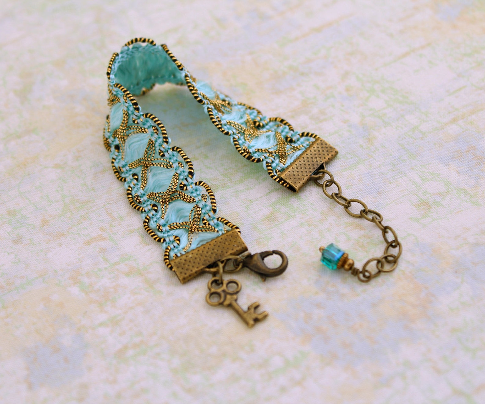 Blue Trim Bracelet Sky Blue Ribbon Bracelet With Gold and Etsy