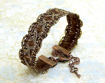 Brown trim bracelet  - Rich warm brown ribbon bracelet with copper and brass accents - Brown Bracelet -  Ribbon Jewelry