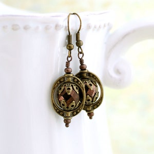 Steampunk Jewelry Copper and Brass Steampunk Earrings Antique brass Saturn Rings with faceted czech glass beads brass jewelry image 1