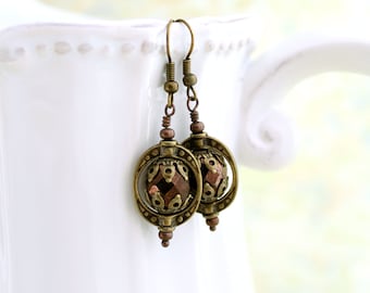 Steampunk Jewelry - Copper and Brass Steampunk Earrings - Antique brass Saturn Rings with faceted czech glass beads - brass jewelry