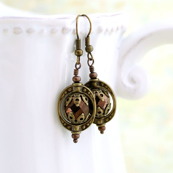 Steampunk Jewelry - Copper and Brass Steampunk Earrings - Antique brass Saturn Rings with faceted czech glass beads - brass jewelry