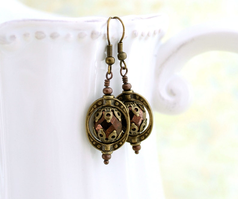 Steampunk Jewelry Copper and Brass Steampunk Earrings Antique brass Saturn Rings with faceted czech glass beads brass jewelry image 1