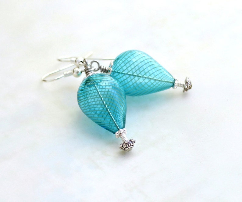 Turquoise and silver hot air balloon earrings blown glass beads with tones of silver Robins Egg Blue Earrings Wedding jewelry image 2