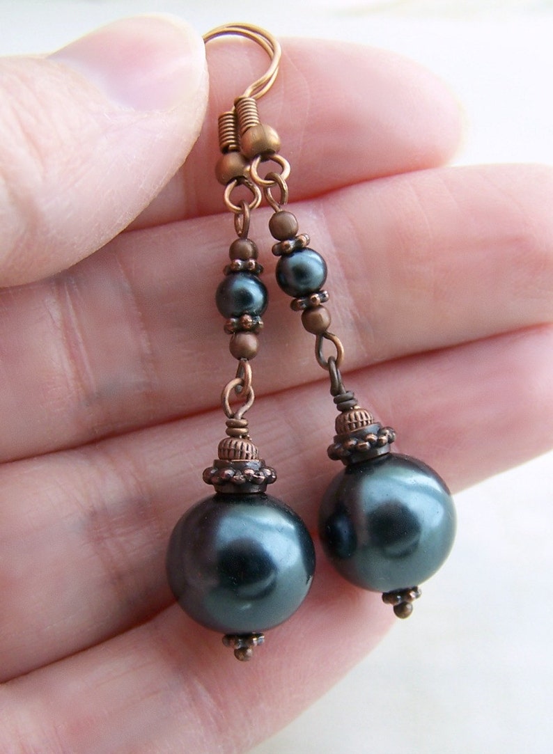 Grey Pearl & Copper Earrings Grey Earrings Glass Pearl Earrings grey and copper jewelry with Niobium ear wire options image 4