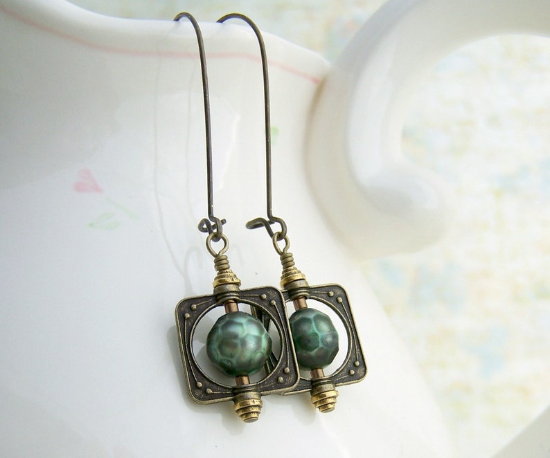 Download Faceted Green Pearl Earrings in antique brass bead frames ...