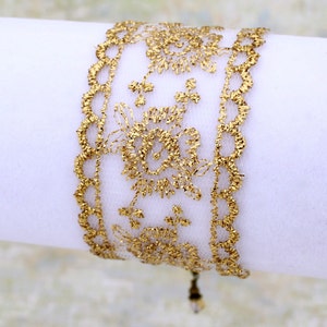 Gold lace bracelet adjustable ribbon bracelet with gold colored thread on a net base trim ribbon jewelry image 2