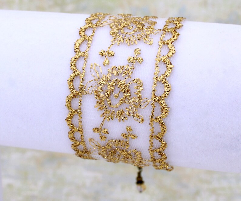 Gold lace bracelet adjustable ribbon bracelet with gold colored thread on a net base trim ribbon jewelry image 2