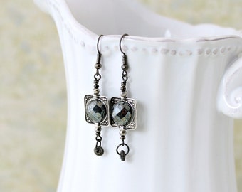 Goth Dark World Earrings - Spinning black faceted Czech glass beads within an antique silver frame - Black Goth Earrings - Goth jewelry