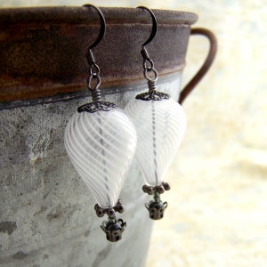 White Hot Air Balloon Earrings Steampunk balloon earrings in blown glass and gunmetal Wedding Jewelry Dangle earrings image 4