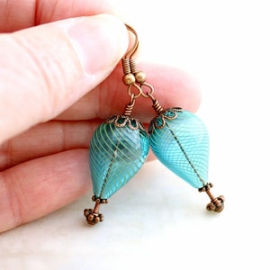 Turquoise Blue Hot Air Balloon Earrings of blown glass beads and copper Aqua Balloon Jewelry Steampunk Earrings Robins Egg Blue Glass image 4