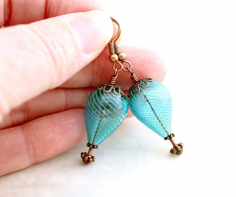 Turquoise Blue Hot Air Balloon Earrings of blown glass beads and copper Aqua Balloon Jewelry Steampunk Earrings Robins Egg Blue Glass image 4