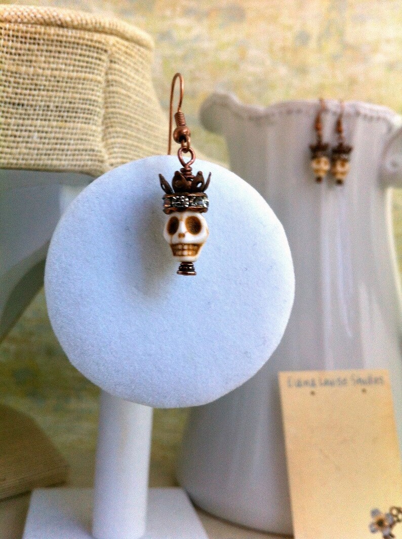 Halloween Earring for men Day of the Dead jewelry Pirate earring copper crown and skull Dia de los Muertos image 3