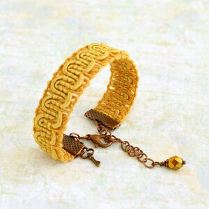 Yellow trim bracelet  - Mustard yellow ribbon bracelet with gold and copper accents - Yellow Bracelet -  Ribbon Jewelry