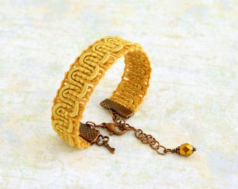 Yellow trim bracelet  - Mustard yellow ribbon bracelet with gold and copper accents - Yellow Bracelet -  Ribbon Jewelry