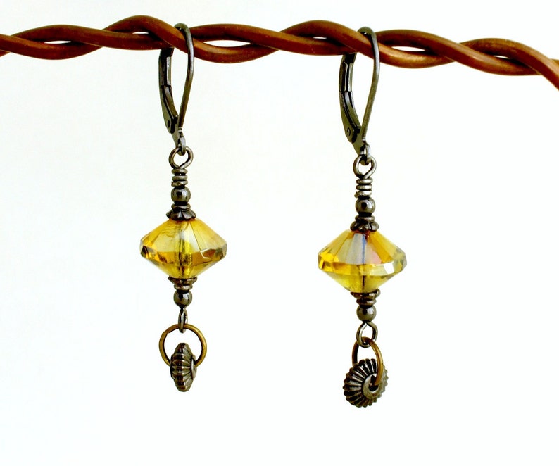 Black and Yellow earrings with spinning gears Gunmetal Steampunk earrings with misted yellow rivoli beads image 1