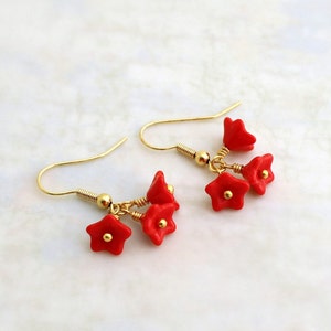 Bright Red Flower Earrings with gold wire wrapping czech glass beads Valentine jewelry image 3