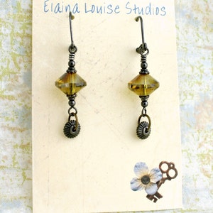 Black and Yellow earrings with spinning gears Gunmetal Steampunk earrings with misted yellow rivoli beads image 5