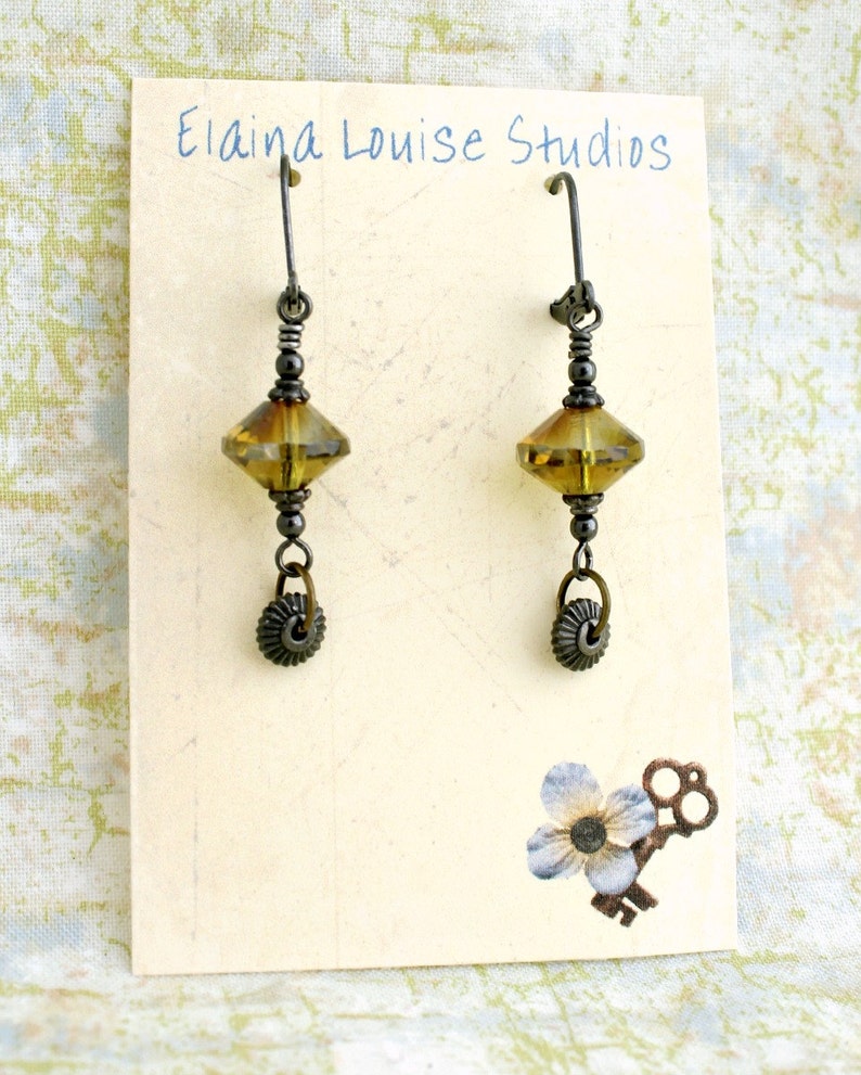 Black and Yellow earrings with spinning gears Gunmetal Steampunk earrings with misted yellow rivoli beads image 5