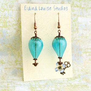 Turquoise Blue Hot Air Balloon Earrings of blown glass beads and copper Aqua Balloon Jewelry Steampunk Earrings Robins Egg Blue Glass image 5