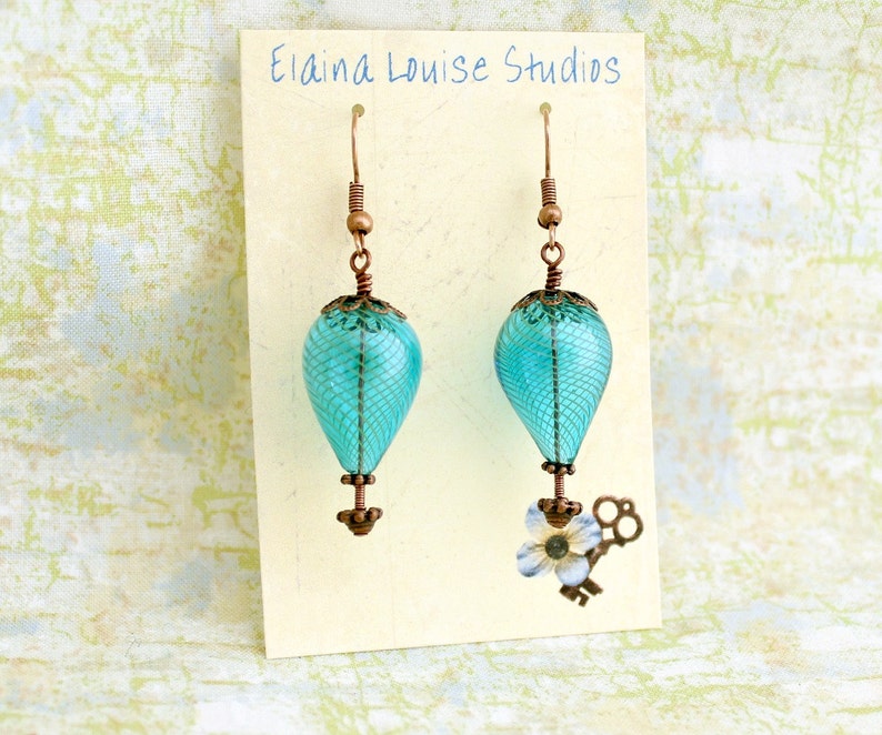 Turquoise Blue Hot Air Balloon Earrings of blown glass beads and copper Aqua Balloon Jewelry Steampunk Earrings Robins Egg Blue Glass image 5