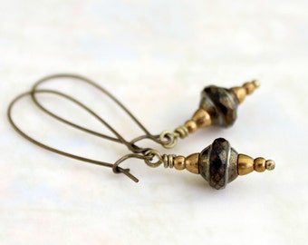 Saucer earrings in black and gold - Czech glass saturn ring beads with brass accents - space station satellite jewelry