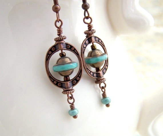 Items similar to Flying Saucer Earrings - Turquoise and copper UFO ...