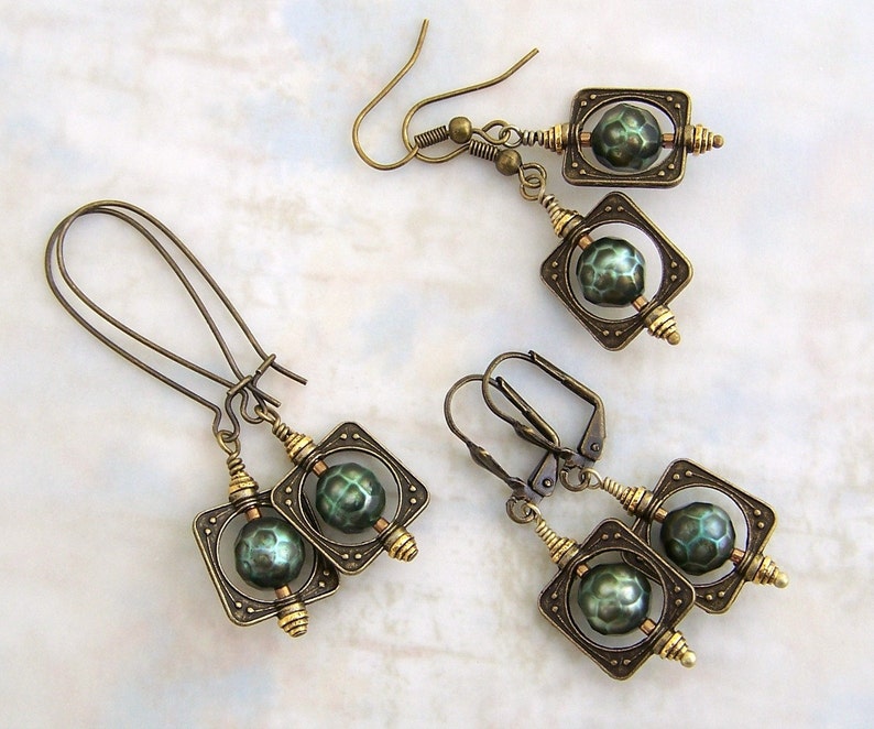 Download Faceted Green Pearl Earrings in antique brass bead frames ...