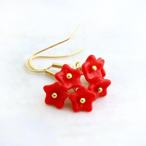 Bright Red Flower Earrings with gold wire wrapping - czech glass beads - Valentine jewelry