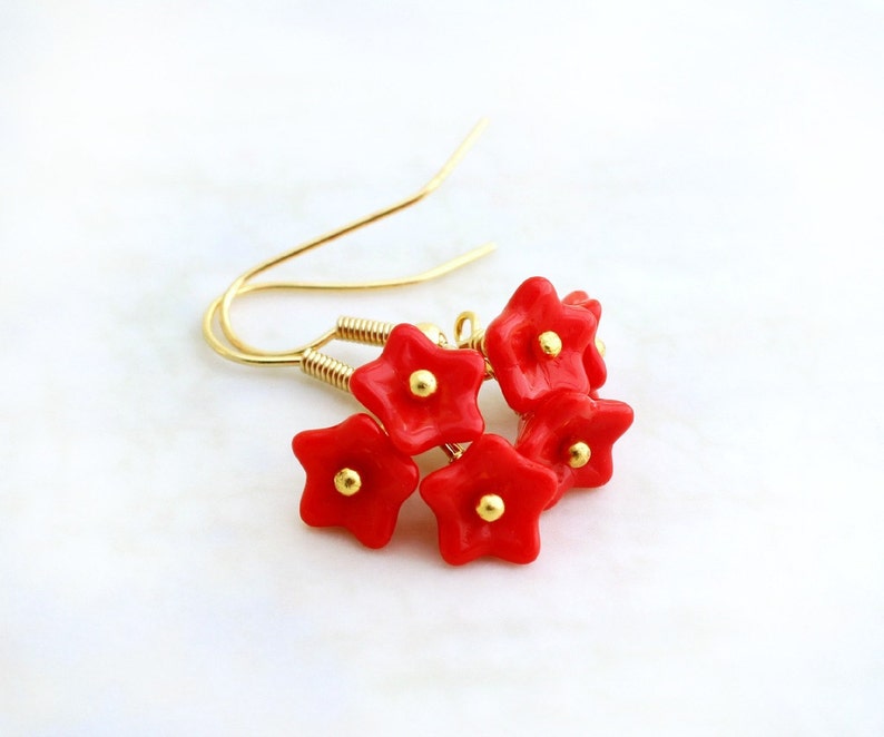 Bright Red Flower Earrings with gold wire wrapping czech glass beads Valentine jewelry image 1