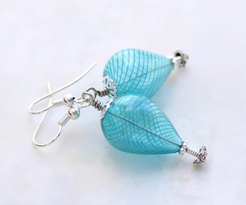 Turquoise and silver hot air balloon earrings blown glass beads with tones of silver Robins Egg Blue Earrings Wedding jewelry image 4