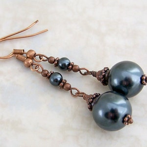 Grey Pearl & Copper Earrings Grey Earrings Glass Pearl Earrings grey and copper jewelry with Niobium ear wire options image 2