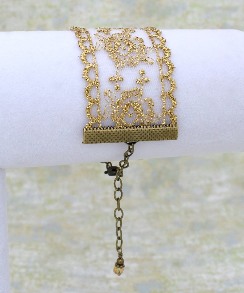 Gold lace bracelet adjustable ribbon bracelet with gold colored thread on a net base trim ribbon jewelry image 4