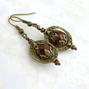 Steampunk Jewelry Copper and Brass Steampunk Earrings Antique brass Saturn Rings with faceted czech glass beads brass jewelry image 2