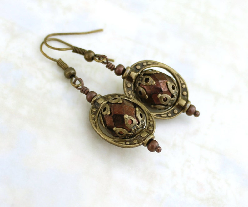 Steampunk Jewelry Copper and Brass Steampunk Earrings Antique brass Saturn Rings with faceted czech glass beads brass jewelry image 2