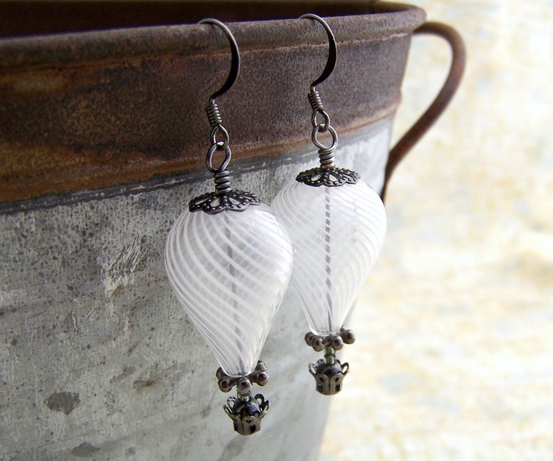 White Hot Air Balloon Earrings Steampunk balloon earrings in blown glass and gunmetal Wedding Jewelry Dangle earrings image 1