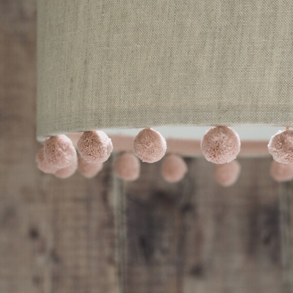 Natural Linen Pom Lampshade Poms Peony Sage Fabric Girls Bedroom Neutral