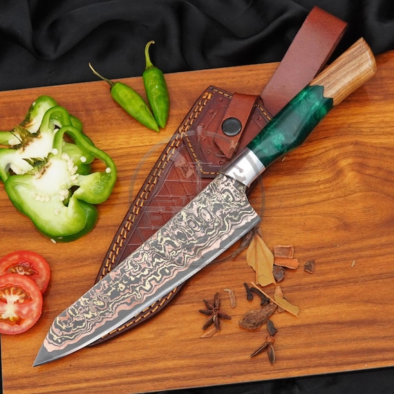 Handmade Copper Damascus Chef Knife | Olive Wood Handle, 7.5" Blade anniversary gift housewarming gift new home gift first home gift