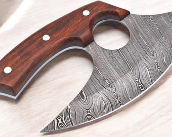 Handmade Damascus Steel Ulu Knife  Wood Handle | Unique Kitchen Chopper | Chef Gift 8”